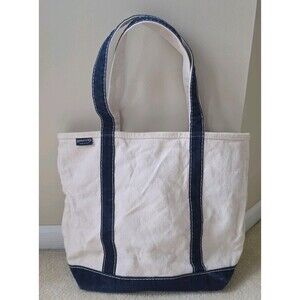 Lands End Medium Zip Top Handle Canvas Tote Bag Natural Navy Blue Made In USA